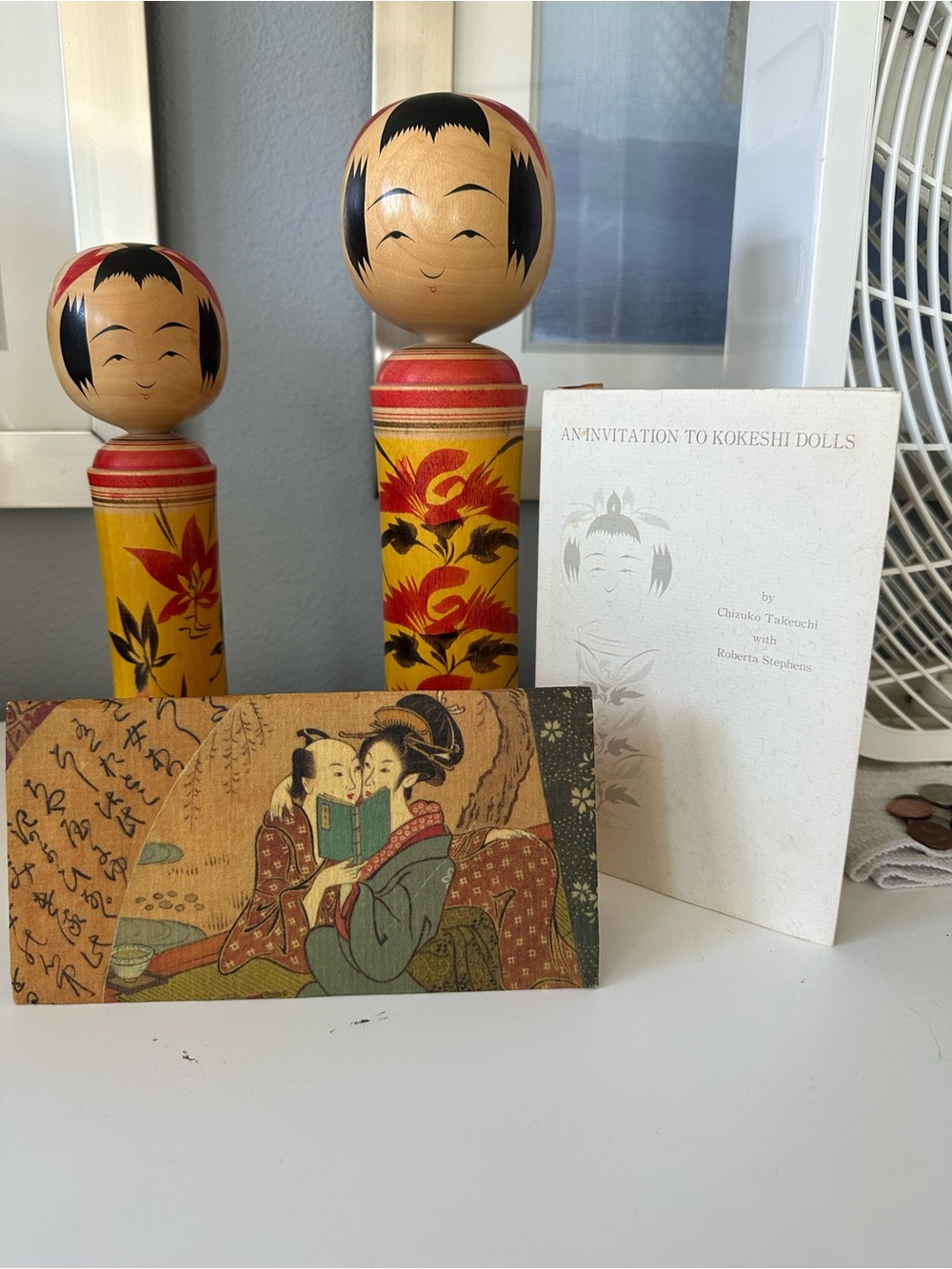 Vintage Japanese Kokeshi Dolls - Yellow & Red Floral Set with book & rice paper